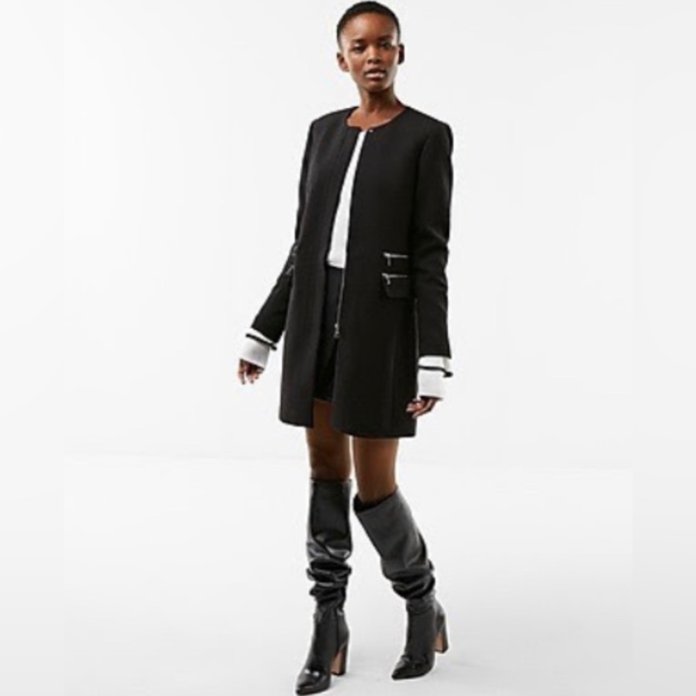 EXPRESS Zip Detail Long Collarless Blazer Coat Womens Size XS in Black
